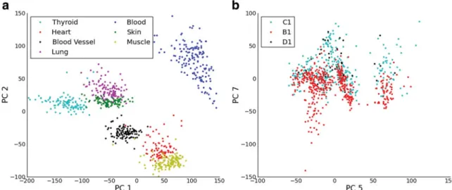 FIG. 1. (a) A plot of the RNA-seq data projected onto the first two PCs, where each spot corresponds to a sample and each color to a tissue type of origin