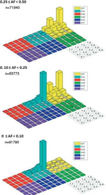 Figure 1. Distribution of mutation calls across a variety of base motifs and allelic fractions in Melanoma samples