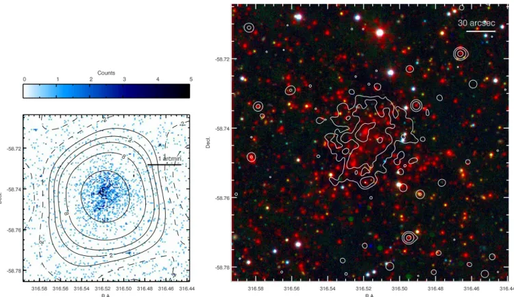 Figure 4. SPT-CL J2106-5844 at X-ray, millimeter, optical, and infrared wavelengths. Left: Chandra X-ray image from the 0.7–4.0 keV band, with 4 × 4 binning of the original ACIS pixels (0