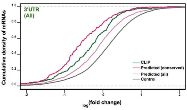 Figure 2B: miRNA-dependent gene expression changes of Ago2-CLIP 3’UTR  GCACUU-motif All set and TargetScan GCACUU predicted targets 