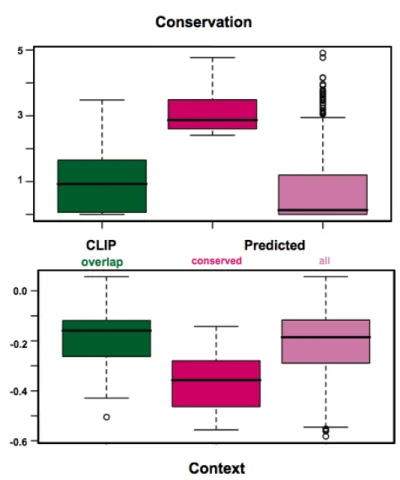 Figure 2E: Distribution of conservation and context scores of Ago2-CLIP overlap  gene set and TargetScan predicted targets 