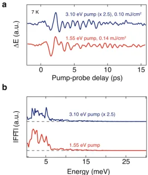 FIG. S11. Response to 3.10 eV photoexcitation. a, Pump-probe response when the pump photon energy is 3.10 eV (blue curve)