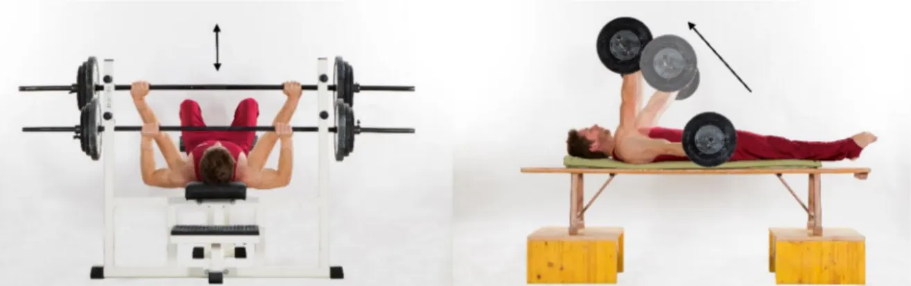 Figure 2. Preconditioning strengthening exercises. Execution of the one-repetition maximum test for the bench press (left) and swallow supine position (right) exercises.