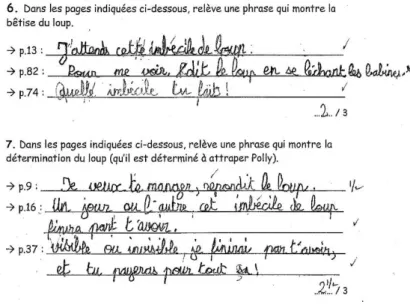 Figure 1 : Evaluation de français de Thomas, exercices 6 et 7 (positions 3 et 4) 