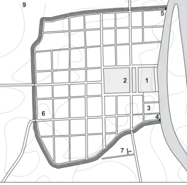 Fig.  1  - Plan de la phase de fondation de la ville, d’après Spiegel,  2008, p. 274, fig.  1  : 1, place centrale (Ara Ubiorum ?)  ; 2,  forum  ;   3, enceinte sacrée de la triade capitoline (?)  ; 4, tour méridionale  du port (« Ubiermonument ») ; 5, tou
