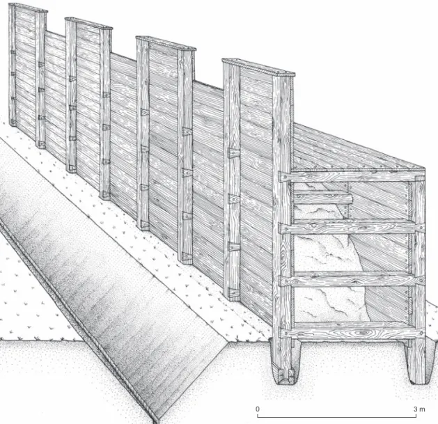 Fig. 3 - Cologne-Marienburg : reconstitution hypothétique du rempart à caissons de bois   du camp d’Alteburg, avec une largeur de 10 pieds romains (d’après Hanel, 1999, p. 587-589, fig. 18).