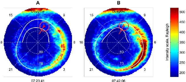 Fig. 3. Global UV images from the IMAGE satellite taken before (A) and after (B) the sudden impulse arrival