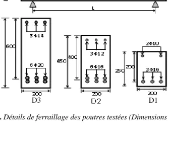 Figure 1. Détails de ferraillage des poutres testées (Dimensions en mm). 