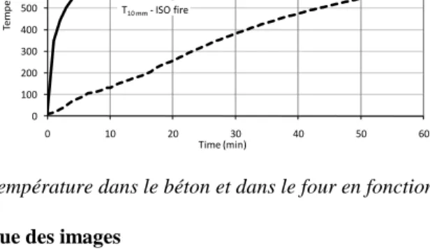 Figure 3. Evolution de la température dans le béton et dans le four en fonction du temps