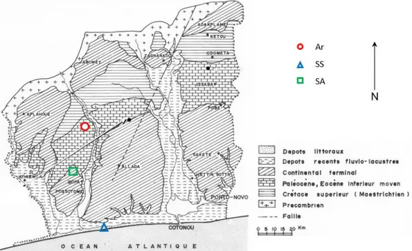 Figure 1 : Carte géologique et de localisation des sites de prélèvements (d’après [YAL 08]) 