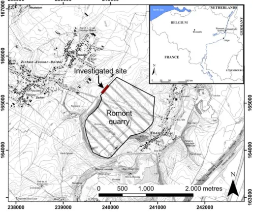 Figure  1.  Location  map  of  the  investigated  site  beside  the  Romont  quarry  (Eben-Emael,  Belgium)