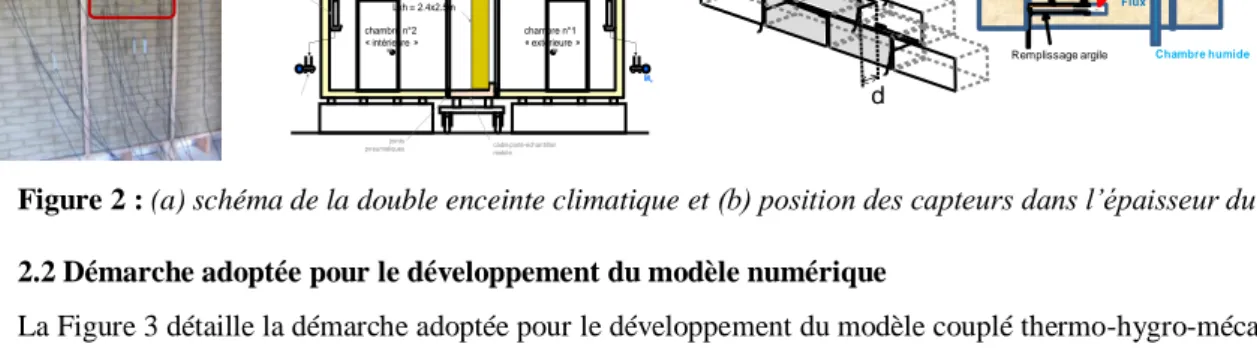 Figure 2 : (a) schéma de la double enceinte climatique et (b) position des capteurs dans l’épaisseur du mur   2.2 Démarche adoptée pour le développement du modèle numérique 