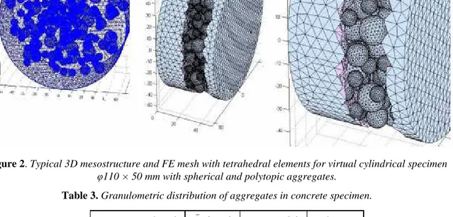 Figure 2. Typical 3D mesostructure and FE mesh with tetrahedral elements for virtual cylindrical specimen  φ110 × 50 mm with spherical and polytopic aggregates