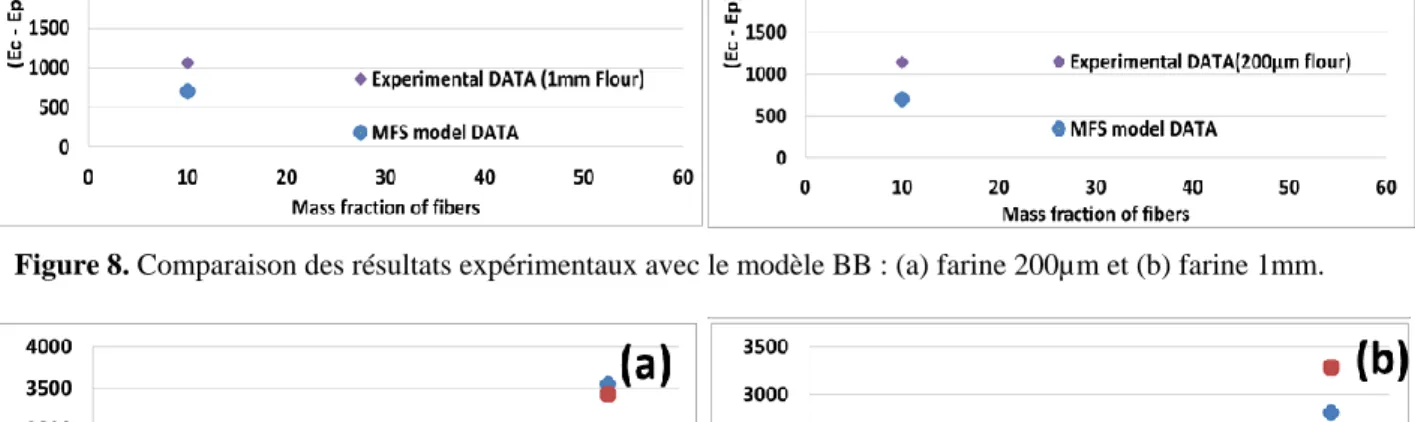 Figure 8. Comparaison des résultats expérimentaux avec le modèle BB : (a) farine 200µm et (b) farine 1mm
