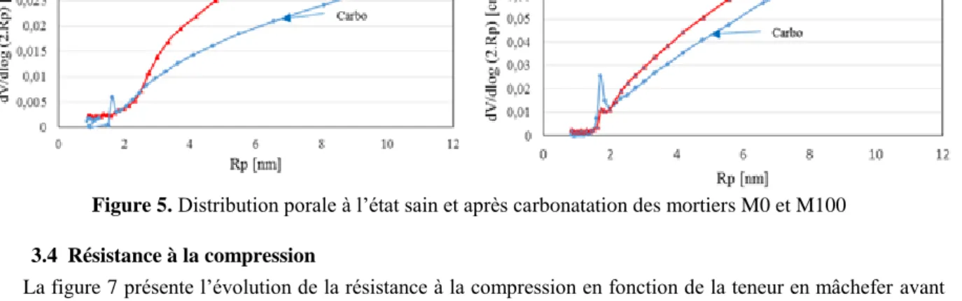 Figure 5. Distribution porale à l’état sain et après carbonatation des mortiers M0 et M100  3.4  Résistance à la compression 