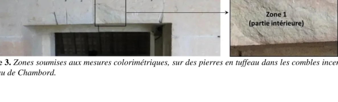 Figure 3. Zones soumises aux mesures colorimétriques, sur des pierres en tuffeau dans les combles incendiés du  château de Chambord