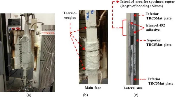 Figure 1. (a) Furnace 1200°C and specimen TRC5Mat-dI protected by a thermal insulator; (b) TRC5Mat-dI  specimen image (without fire protection material); (c) Lateral side of the TRC5Mat-dI specimen