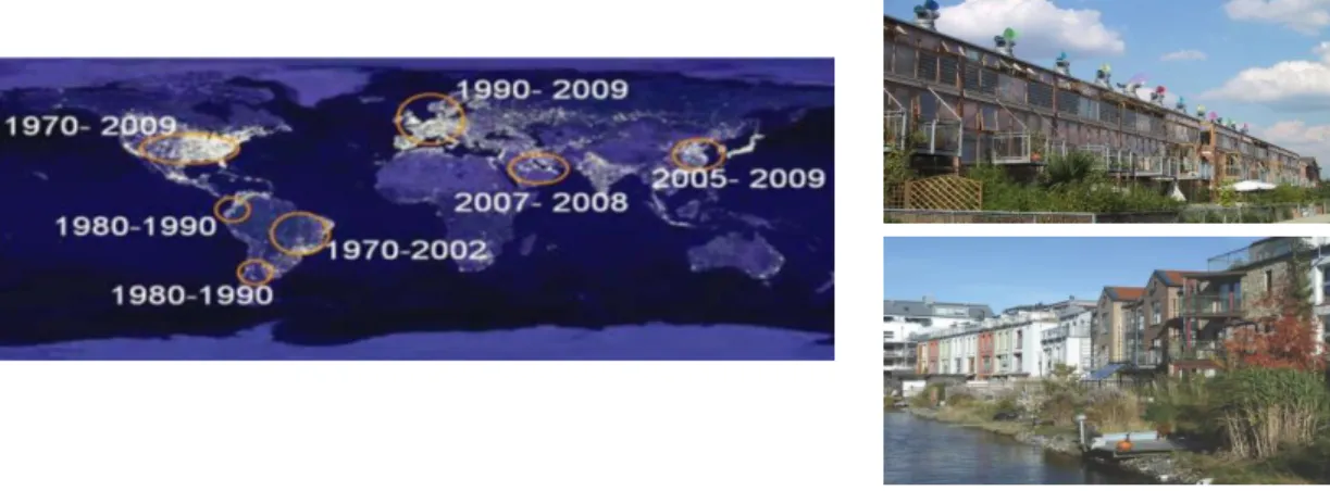Figure 1 : Localisation des éco-quartiers dans le monde et exemples typiques (BedZED et BO01 Malmö)  1.1.2
