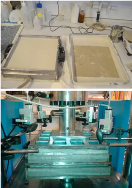 Fig. 1: Pictures of moulding procedure: laminating  process (top) and compression step (bottom)  