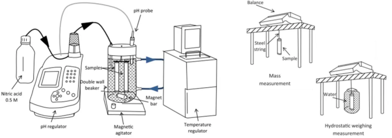 FIGURE 1.   Montage expérimental pour la lixiviation des mortiers (à gauche) et les mesures  macroscopiques (à droite) (d'après Massaad et al., 2016) 