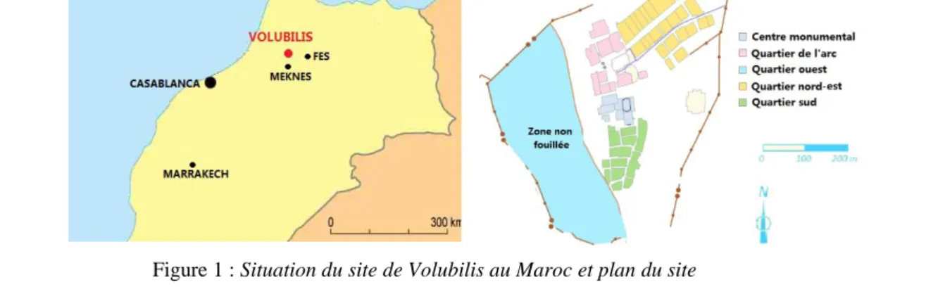Figure 1 : Situation du site de Volubilis au Maroc et plan du site  