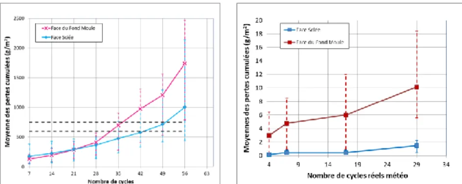 Figure 4 : Résultats d’écaillage sur les deux types de surfaces d’essai des éprouvettes : testées au laboratoire (à gauche),  exposées au Mont Aigoual (à droite).