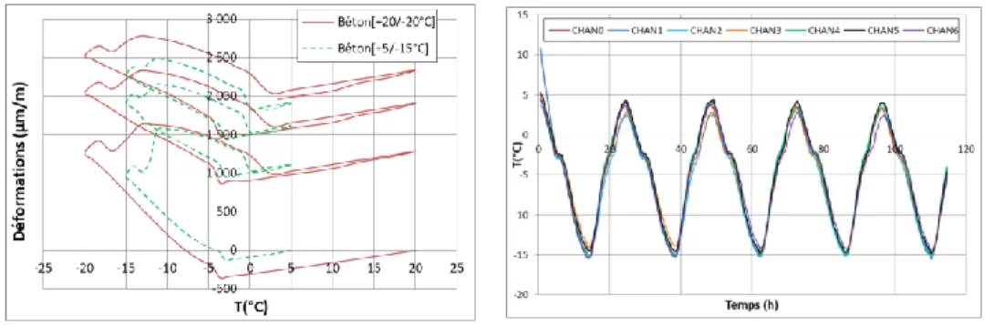 Figure 5 : Courbes de déformations  macroscopiques en fonction de T (°C) de VER de  béton exposés aux cycles [+20/-20 °C] et [+5/-15 °C]