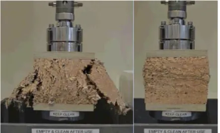 Fig. 4: Typical compressive failure modes of hemp-lime loaded in the perpendicular and parallel directions, left  and right respectively