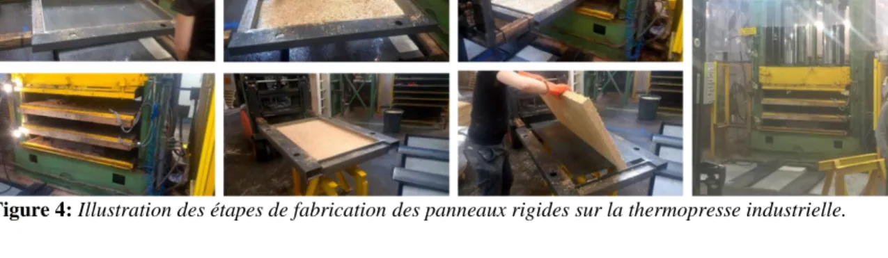 Figure 4: Illustration des étapes de fabrication des panneaux rigides sur la thermopresse industrielle