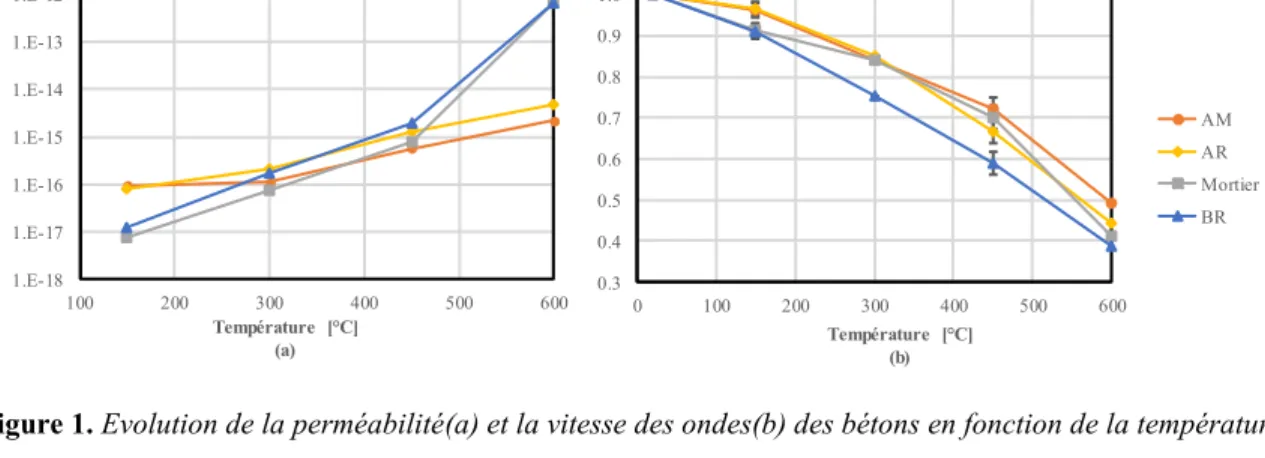 Figure 1. Evolution de la perméabilité(a) et la vitesse des ondes(b) des bétons en fonction de la température 