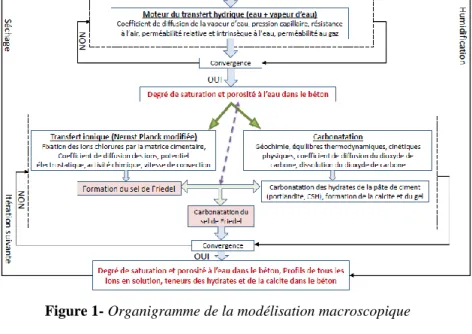 Tableau 1. Cinétiques chimiques, équilibres thermodynamiques du transfert de dioxyde de carbone dans le béton  et loi d’évolution de la porosité [THI 2005] 