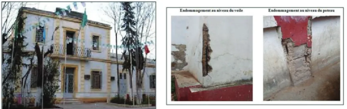 Figure 2 : 01) à gauche : façade principale du bâtiment étudié, 02) endommagement au niveau des éléments  structuraux  