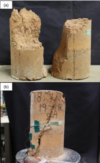 Fig. 5: (a) Plain CSRE specimen failed into more than  one  piece.  (b)  Failure  of  coir  fibre  reinforced  CSRE  specimen
