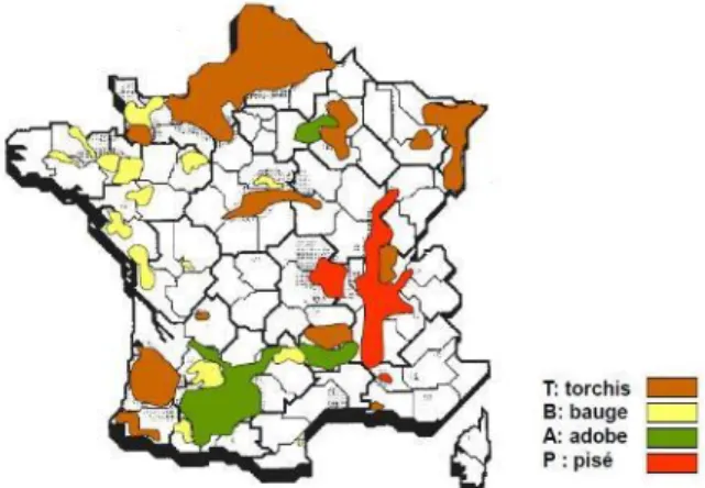 Figure 1. Geographical distribution of earthen heritage  in France (“pisé” = “rammed earth”, “bauge” = “cob”, 