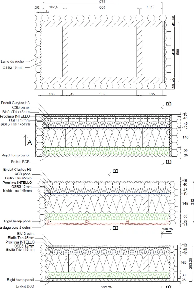 Fig. 1: Tested Specimens design: wood frame elevation (top), ISOBIO referent solution, alternatives solutions