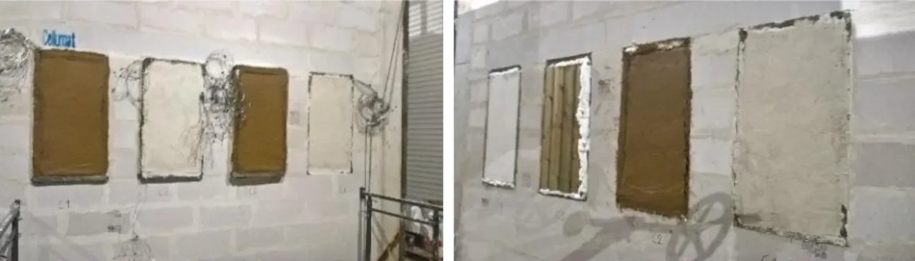 Fig. 2: Specimens placed on the vertical fire test wall: left: unexposed side, right: exposed side 