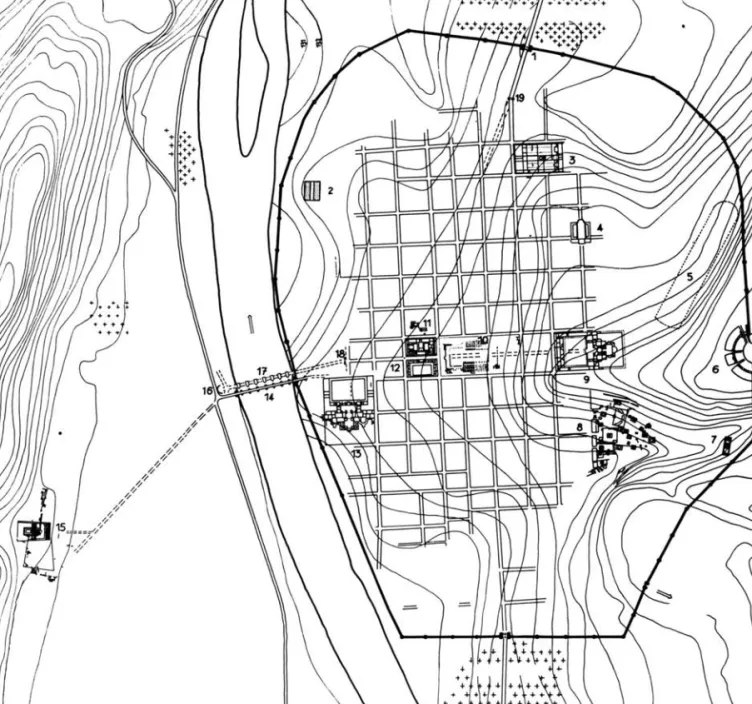 Fig. 1 – Plan de Trèves, vers la fin du  ii e  s. apr. J.-C. : 1, Porta Nigra ; 2, horrea de Saint-Irminen ; 3, basilique double, cathédrale de la  Liebfrauenkirche et de Saint-Laurent ; 4, Aula Palatina ; 5, cirque ; 6, amphithéâtre ; 7, temple « am Herre