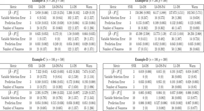 Table 5 compares the polished versions of the Discrete Dantzig Selector and the ` 1 -Dantzig Selector, and finds that the performance of the former approach is significantly better.