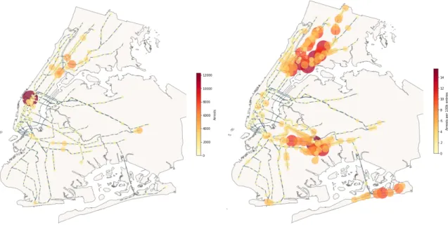 Figure 4-10: Stations colored and scaled by arrests (left) and arrests per 100k entries (right).