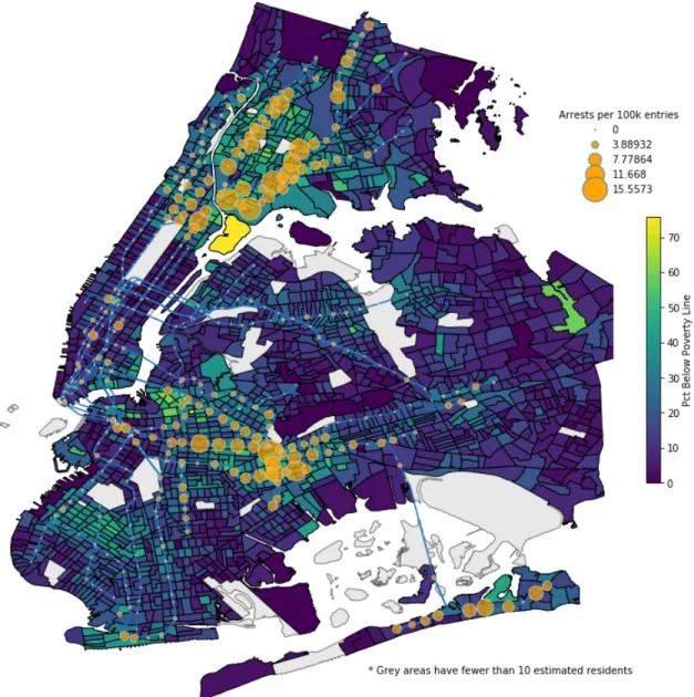 Figure 4-11: Map of stations scaled by arrest rate and census tracts colored by poverty rate.