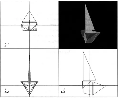 Figure  8:  A  three-view  of the  simplest  bee  model.  In order  to  keep  the polygon  count  low,  the  emphasis  is  on  sparseness