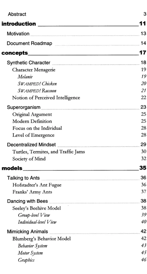 Table  of Contents Abstract  3 introduction  11 Motivation  13 Document  Roadmap  14 concepts  17 Synthetic  Character  18 Character  Menagerie  19 Melanie  19 SWAMPED! Chicken  20 SWAMPED! Raccoon  21
