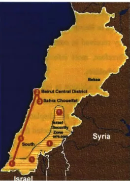 Fig 2-1:  Map of Lebanon  showing  three phases of displacement:  1-South,  2-Beirut Central District, 3-Sahra  Choueifat
