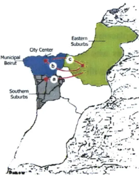 Fig.  2-3:  Map  of Greater  Beirut  showing the  Beirut  Central  District,  the  eastern and  the  southern  suburbs