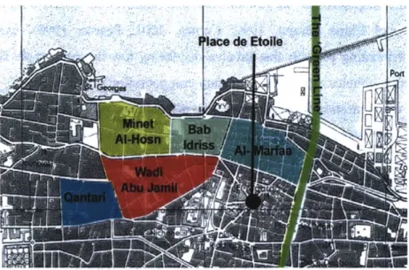 Fig. 3-1:  Few of the  neighborhoods of the  Beirut Central  District. Base map modified from Borre Ludvigsen,  1997  &lt;http://almashriq.hiof.no&gt;