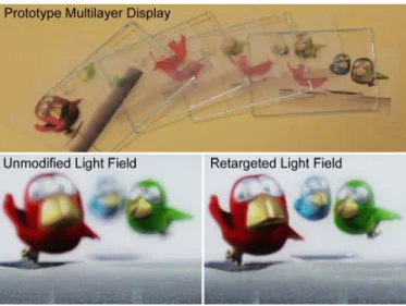 Figure 10: Results of simulations for a multilayer display (five layers). Top row: initial and retargeted depth