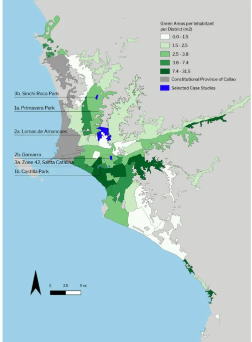 Figure 3 Map of Green Area per Inhabitant per District and Case Studies Location 