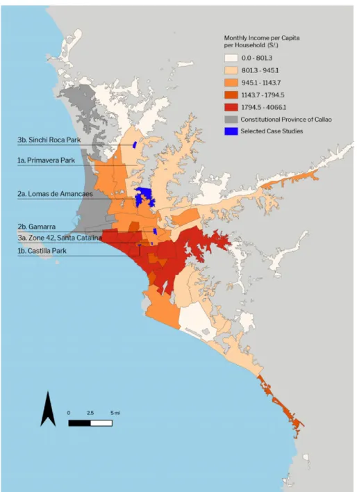 Figure 4 Map of Average Monthly Income per Capita per Household per District and Case  Studies Location 