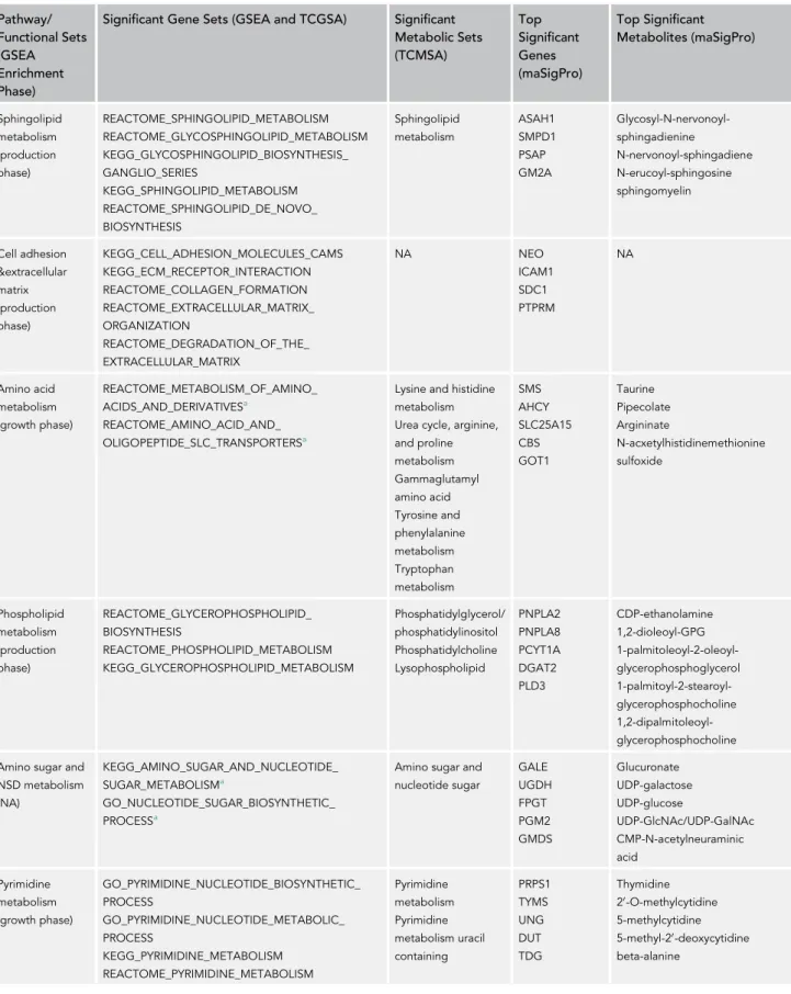 Table 1. Key Functional Groups and Pathways that Exhibit Significant Temporal Dynamics over the Cell Culture Period during Fed-Batch Processes (Continued on next page)