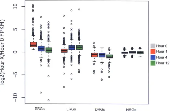 Figure 3-4:  Expression  fold change  relative to Hour 0 over time at  VEGFA-responsive  and non-responsive  expressed  genes
